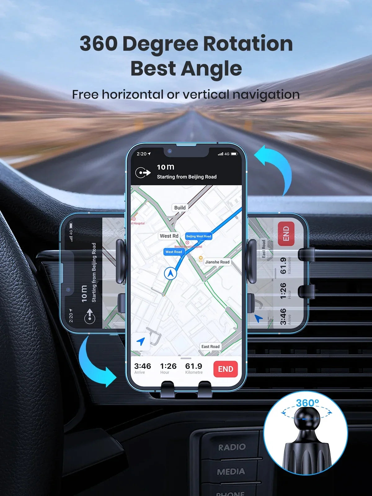 Mobile phone holder for car, air outlet, gravity sensor, riangle gravity, matte simplicity, solid, metal material
